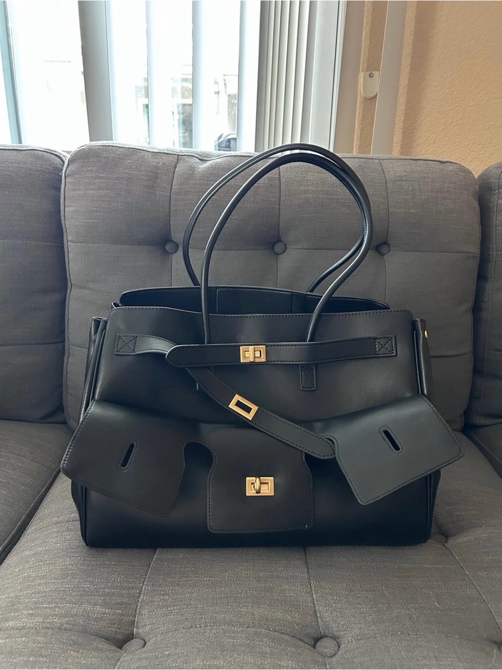 Black Structured Leather Tote Bag with Gold Hardware